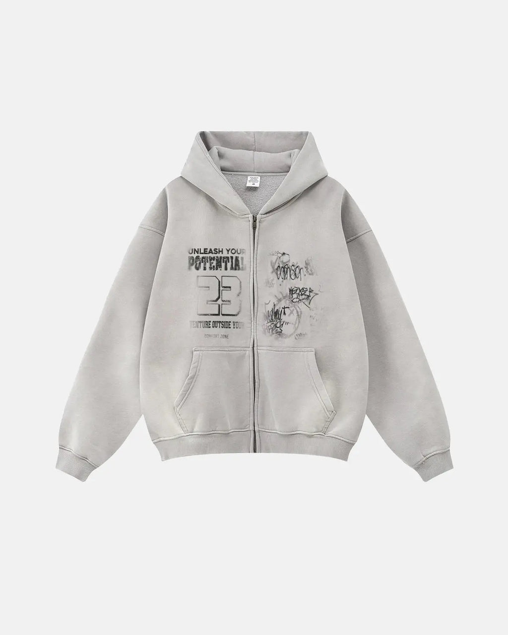 Graphic washed zip-up hoodie by Flation Streetwear featuring a casual fit, soft fabric, and a stylish graphic design on the front.