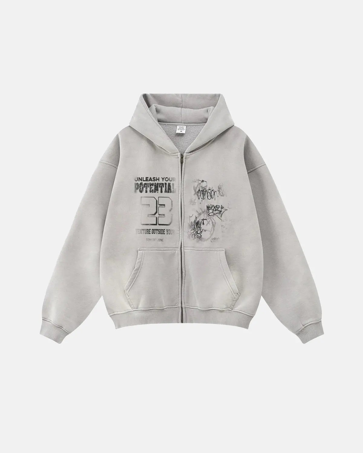 Graphic washed zip-up hoodie by Flation Streetwear featuring a casual fit, soft fabric, and a stylish graphic design on the front.