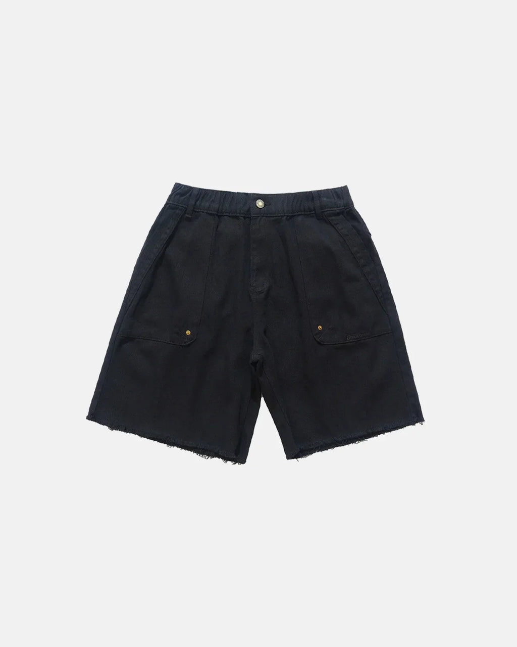 Camouflage knee-length shorts with frayed hem from INFLATION Streetwear, featuring a relaxed fit and casual style.