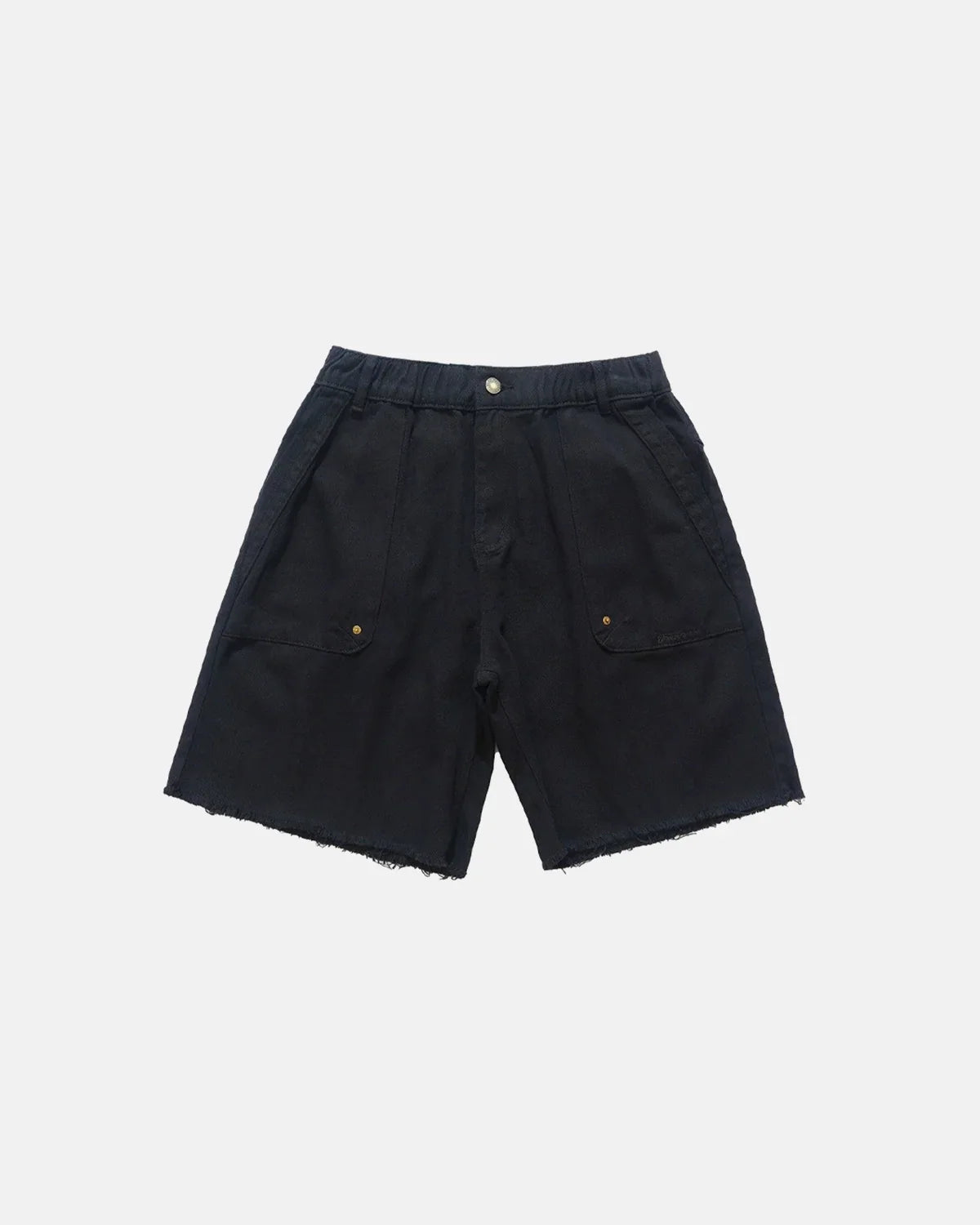 Camouflage knee-length shorts with frayed hem from INFLATION Streetwear, featuring a relaxed fit and casual style.