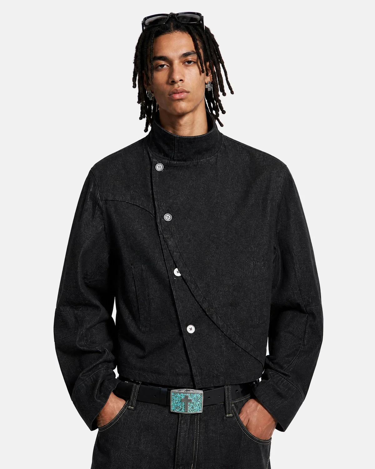 Inflation streetwear cropped asymmetric button denim jacket, featuring a stylish design with metal buttons and a fitted silhouette.