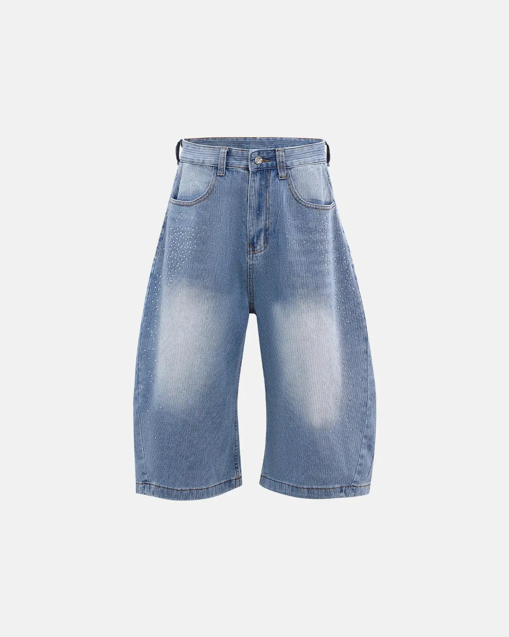 Star rhinestone longline denim shorts from INFLATION, featuring embellished star details and a stylish longline fit.