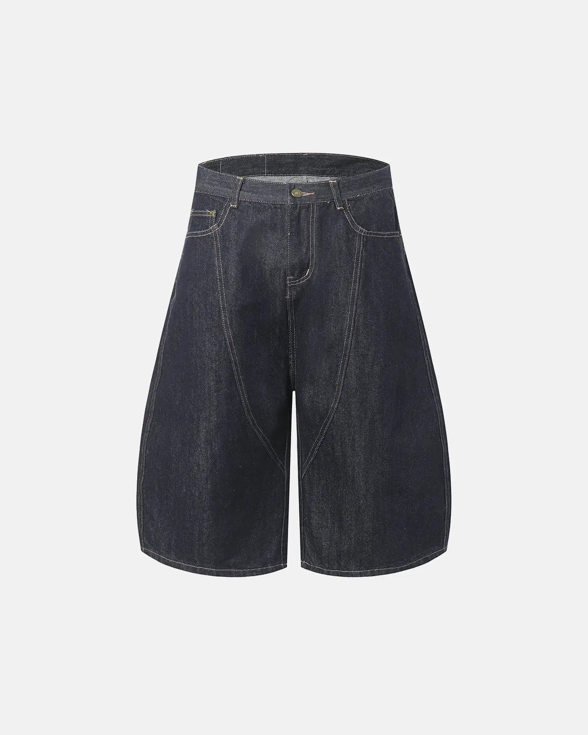 Deconstructed Scimitar Denim Longline Jorts by INFLATION, stylish distressed denim pants with a longline cut and unique frayed details.