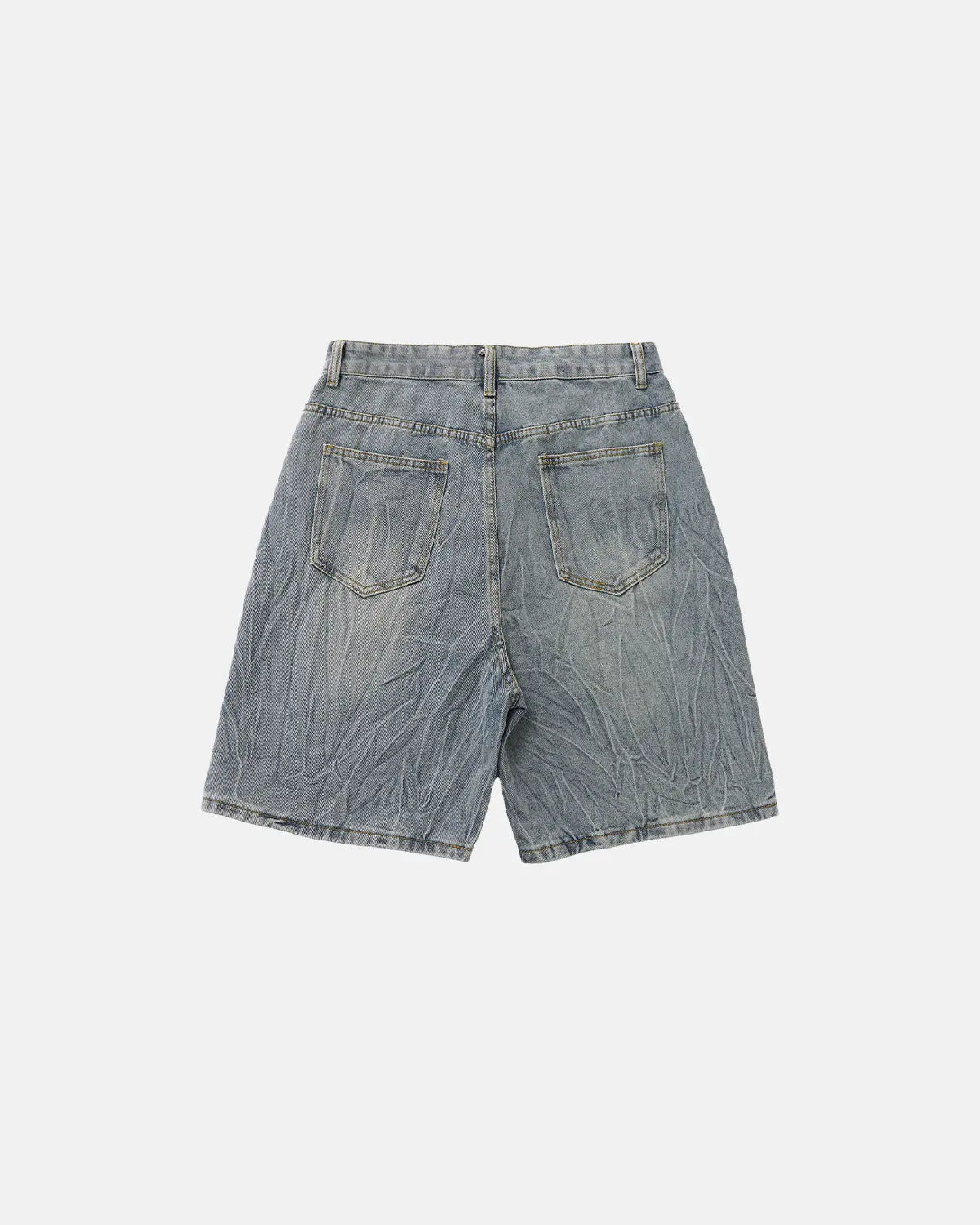 Textured washed longline jorts by INFLATION Streetwear featuring a relaxed fit and distressed denim design.