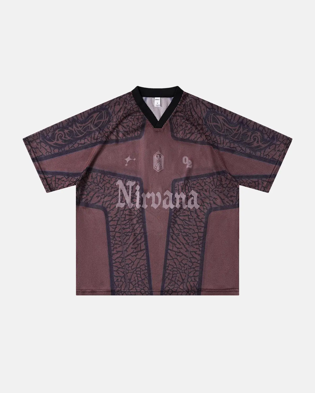 Inflation Streetwear tribal pattern mesh jersey t-shirt featuring bold tribal designs on lightweight, breathable fabric.