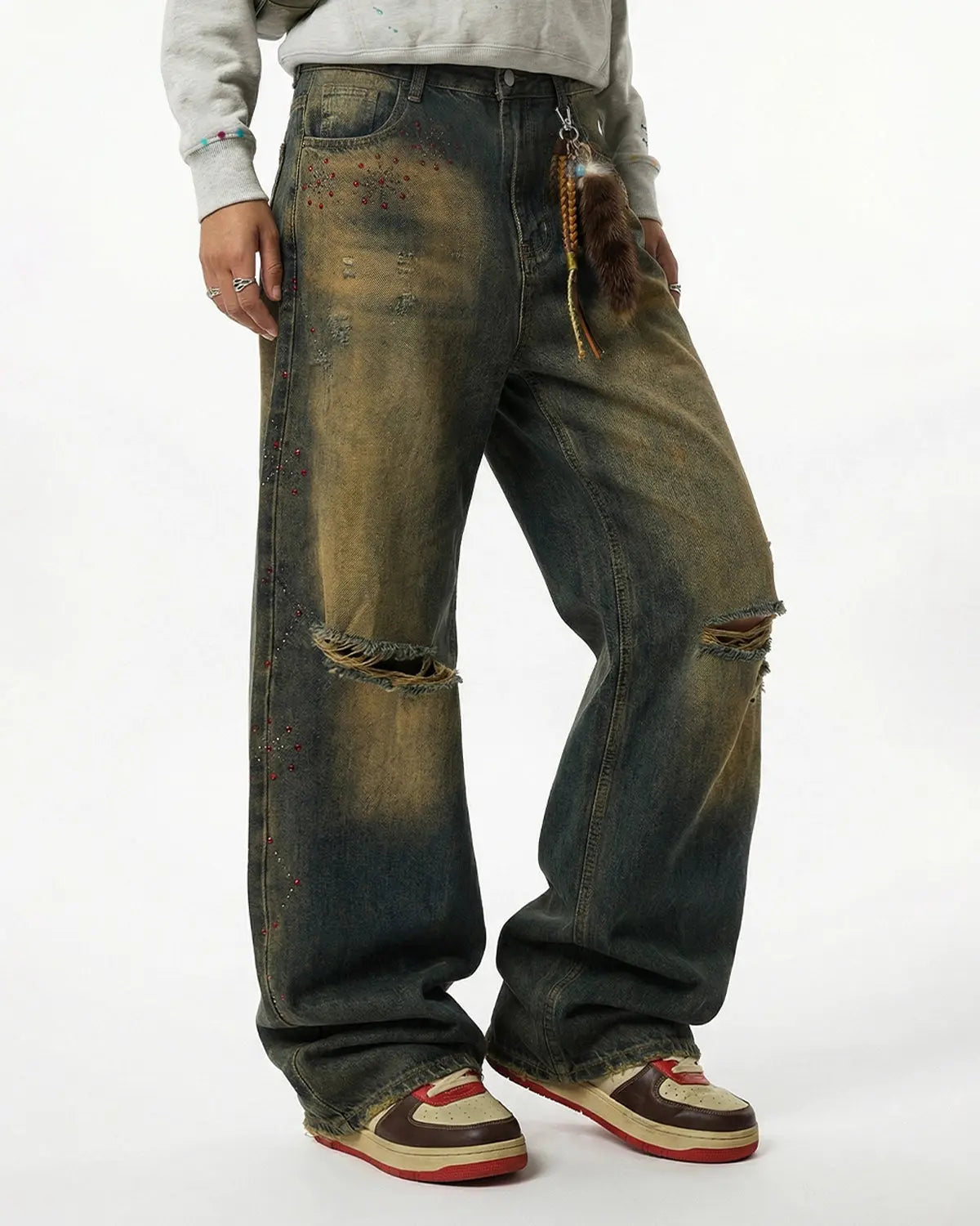 Inflation Dirty Wash Rhinestone Baggy Jeans with distressed details and rhinestone embellishments, relaxed streetwear style.