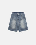 Vintage embroidered washed jorts by Flation, casual denim pants with colorful embroidery and distressed detailing.