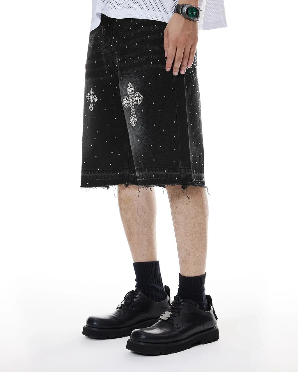 Inflation Rhinestone Straight Leg Jorts, stylish denim pants with rhinestone embellishments, casual streetwear fashion.