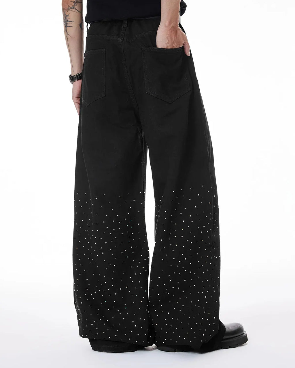 Flation Chill wide leg denim pants with rhinestone embellishments, streetwear style, showcasing the relaxed fit and sparkling details.