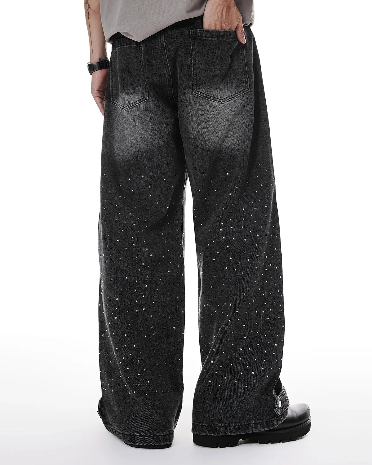 Colorful rhinestone wash baggy jeans by Flation Streetwear with vibrant rhinestone embellishments and relaxed fit denim.
