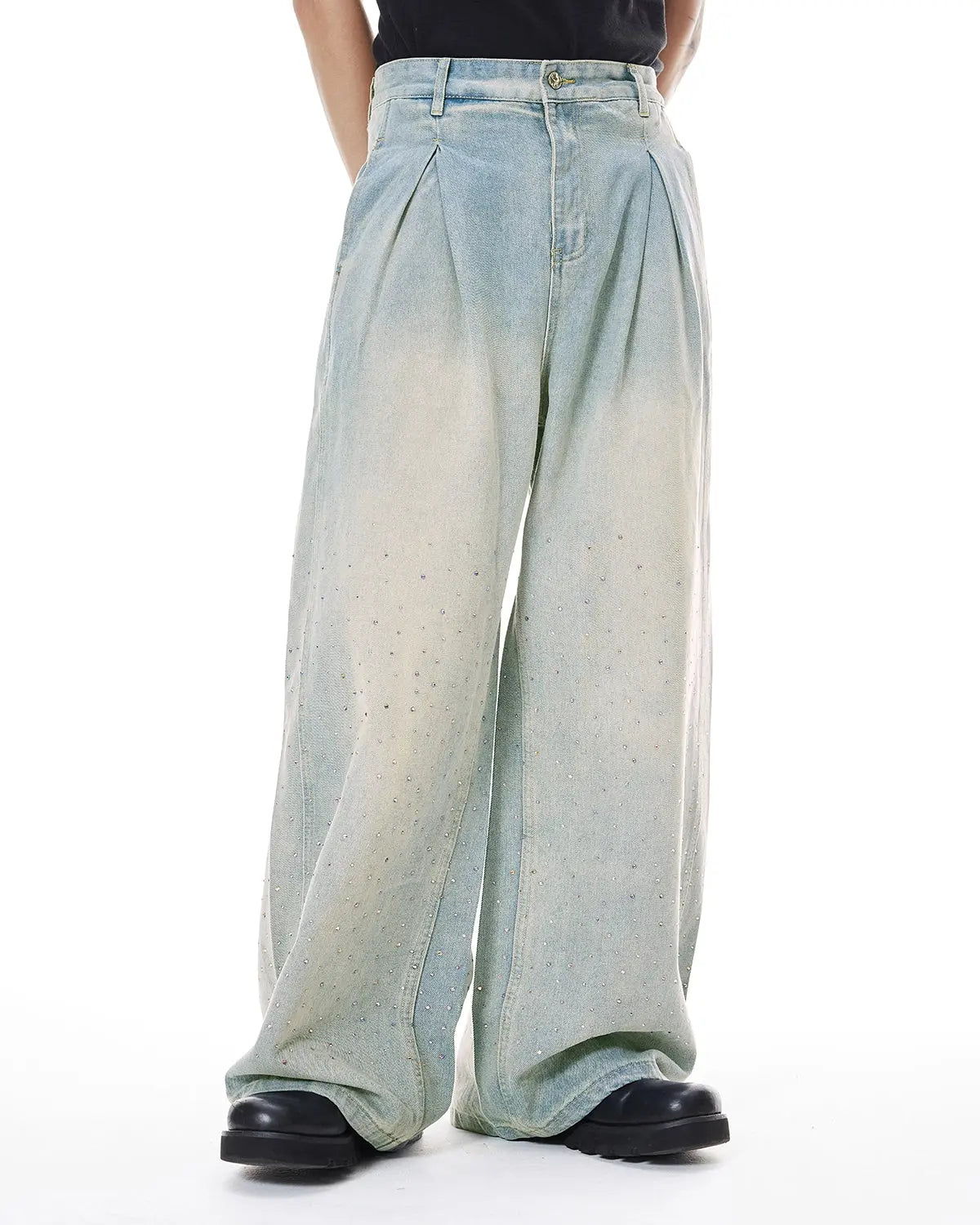 Washed rhinestone baggy jeans by Flation Streetwear, relaxed fit pants with rhinestone details, denim material, front and back views.