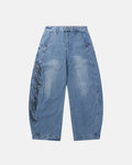 Inflation Streetwear Script Graphic Barrel Jeans, black pants with bold white script design and relaxed fit.