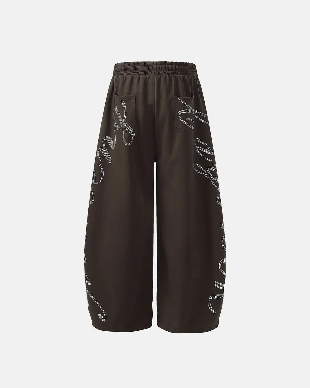 Inflation streetwear rhinestone baggy joggers featuring sparkling rhinestone accents and a relaxed fit, displayed on a hanger.