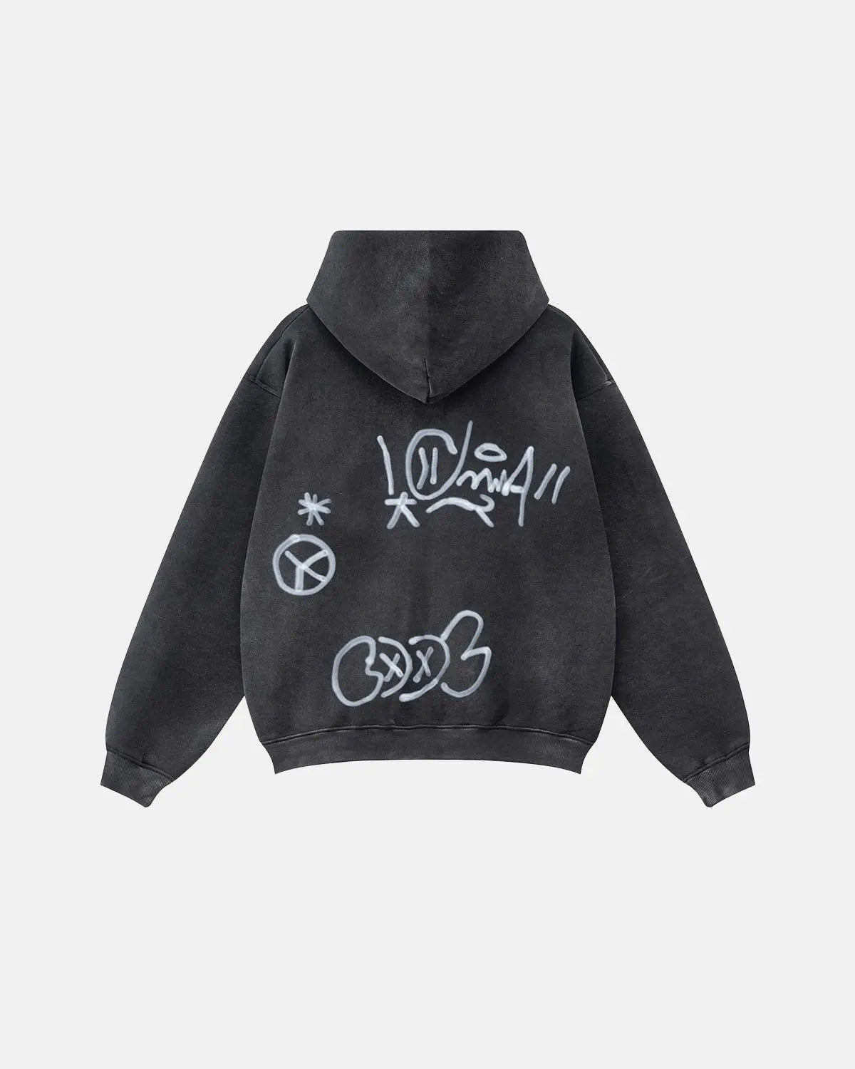 Flation Graffiti Washed Zip Up Hoodie showing graffiti design, front view with hood and zip closure, casual streetwear style.