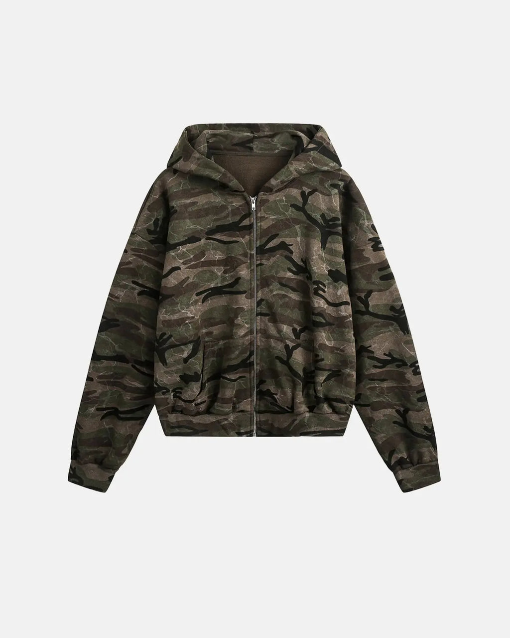 Camouflage zip-up jacket by Flation Streetwear featuring a green and brown military pattern and a front zipper closure.