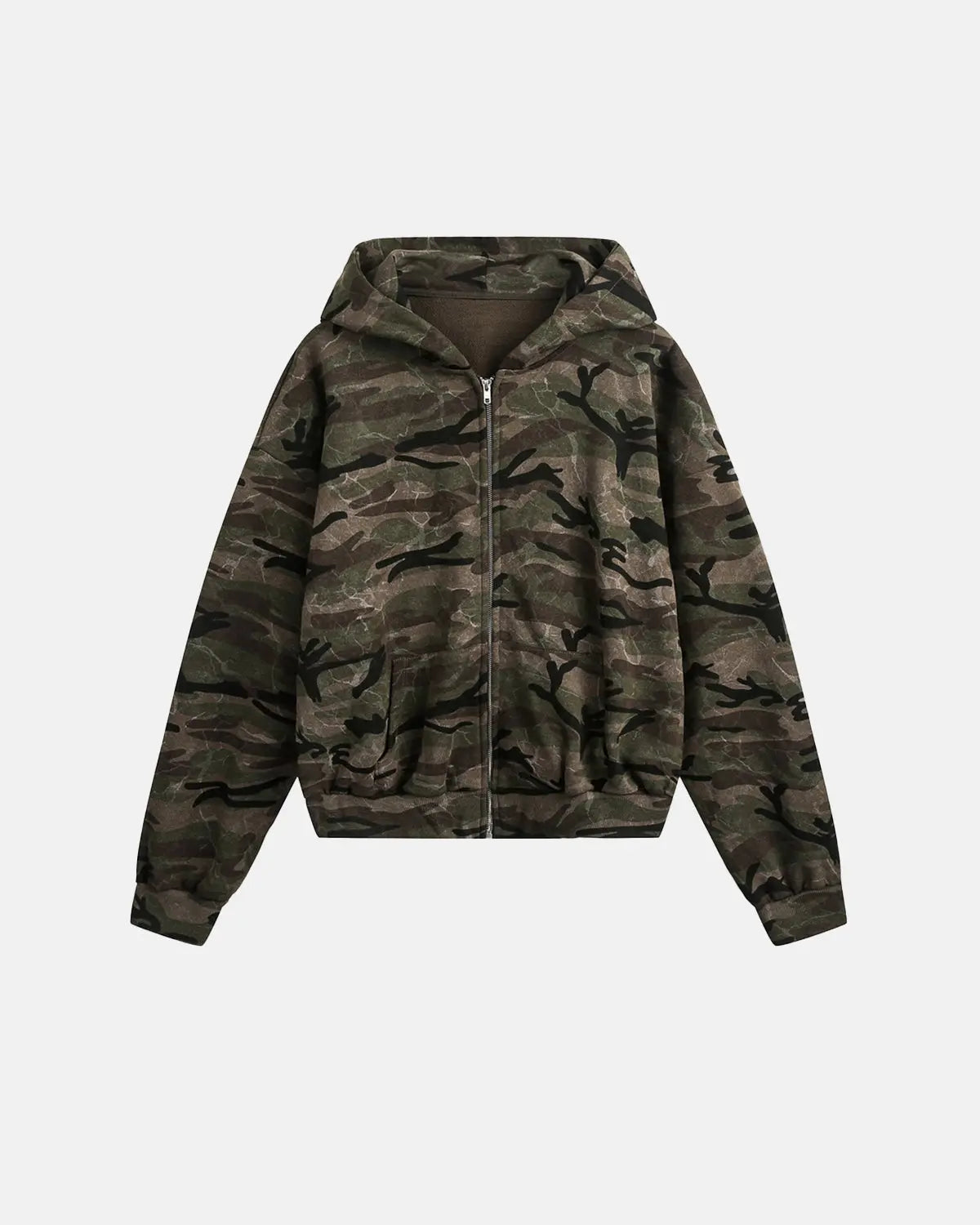 Camouflage zip-up jacket by INFLATION, stylish streetwear with a military-inspired camouflage pattern and front zipper closure.