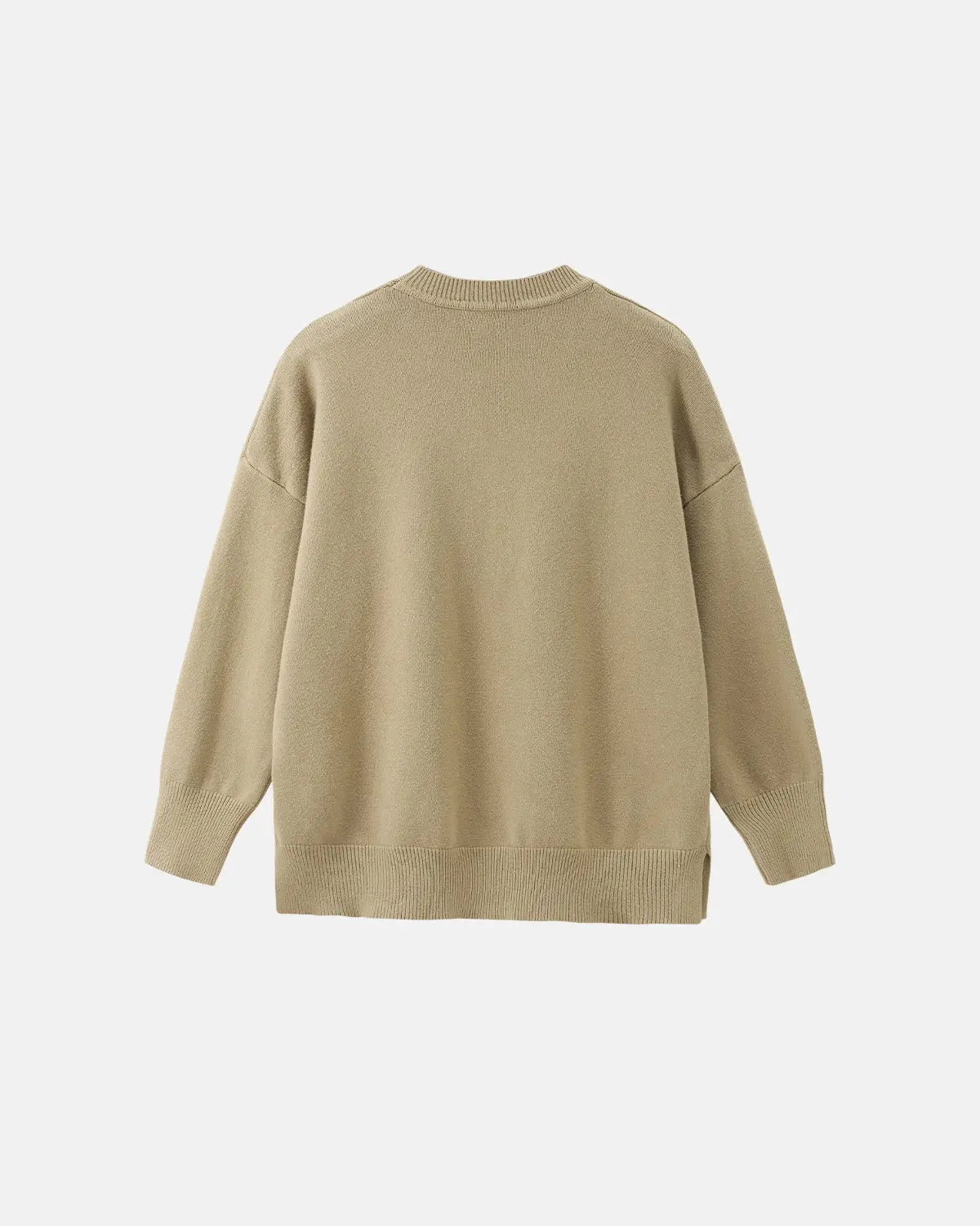 Inflation Streetwear crew neck knit sweater featuring a cozy, ribbed design in neutral tones, perfect for casual outfits.