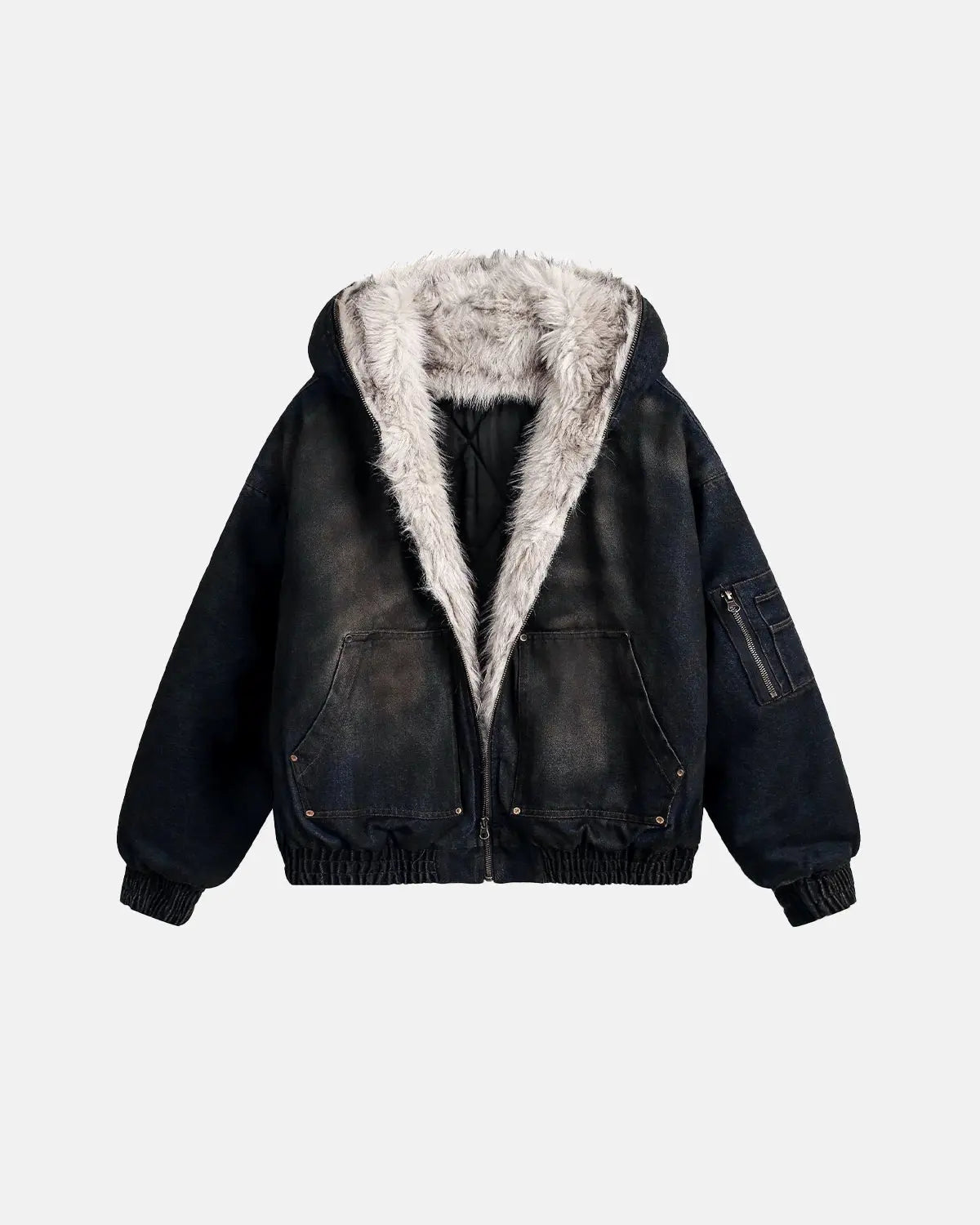 Faux fur lined acid wash bomber jacket by INFLATION Streetwear, featuring a relaxed fit and stylish distressed denim look.