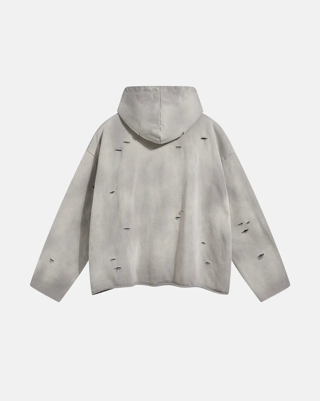 Acid wash ripped boxy hoodie by INFLATION featuring distressed details and a relaxed fit, stylish streetwear casual look