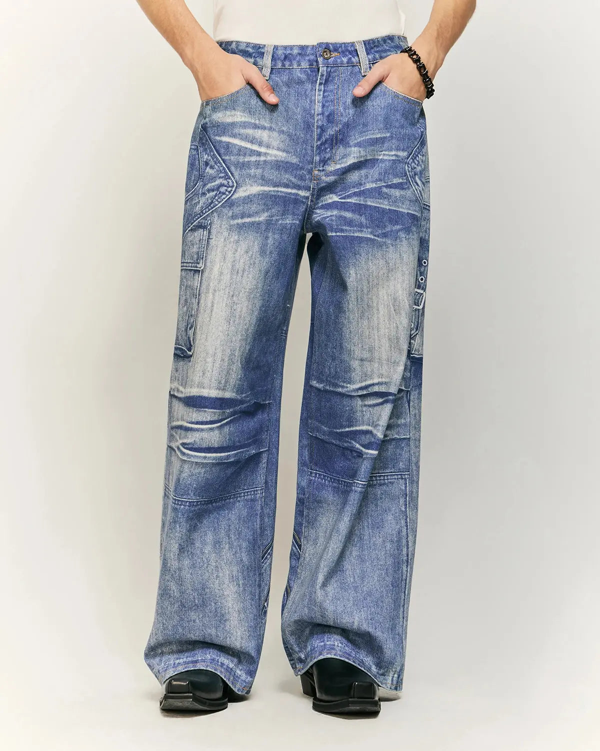 Digital printing denim jeans by INFLATION featuring bold, colorful streetwear-inspired patterns and classic straight-leg fit.