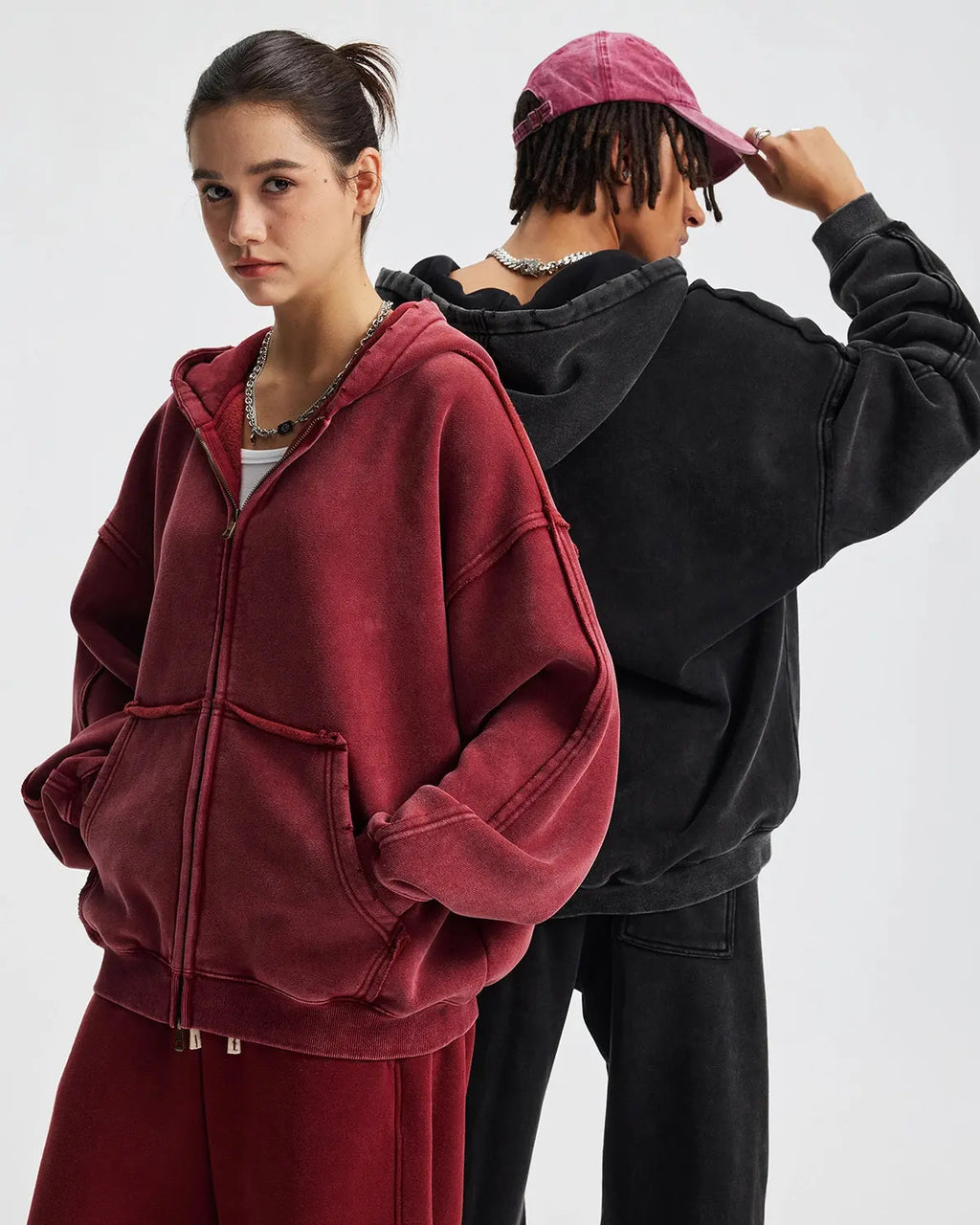 Distressed acid wash double zip hoodie by Flation Streetwear, featuring a worn look, zip-up front, and casual street style design.