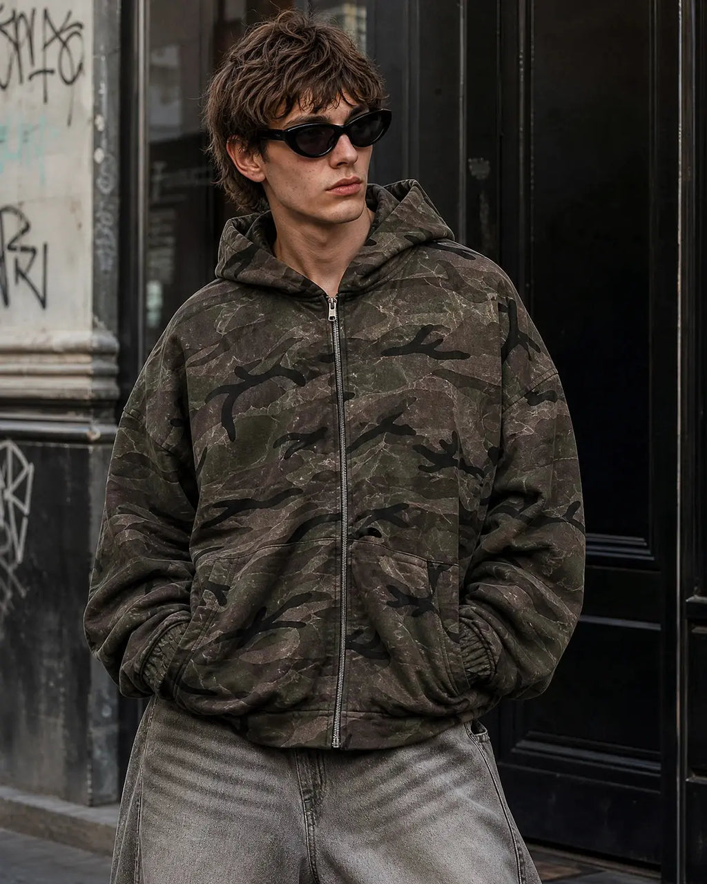 Camouflage zip-up jacket by Flation Streetwear featuring a tactical camouflage pattern and a front zipper for a casual urban look.