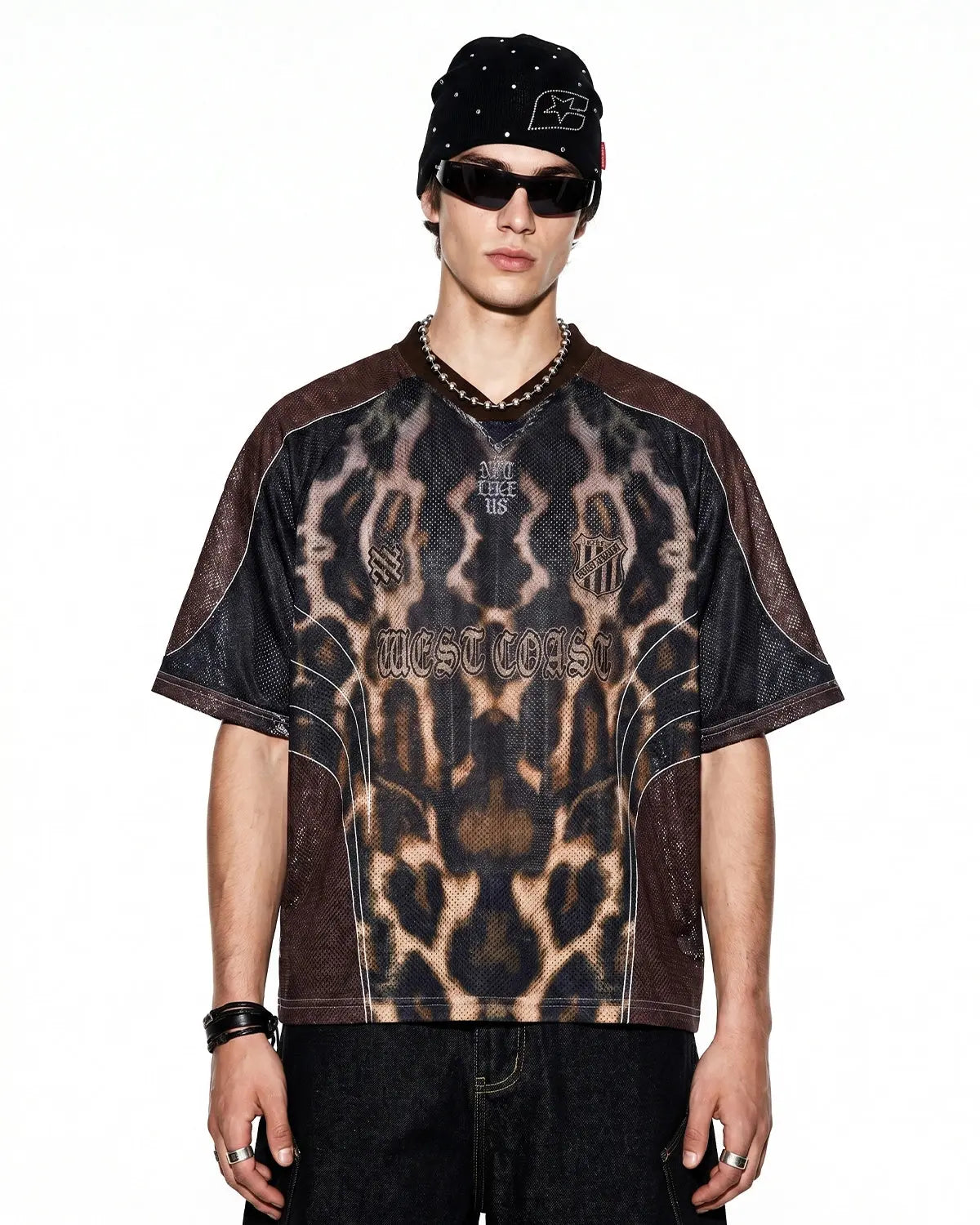 Vintage colorblock leopard mesh jersey by INFLATION Streetwear, featuring bold leopard print and vibrant colorblock design.