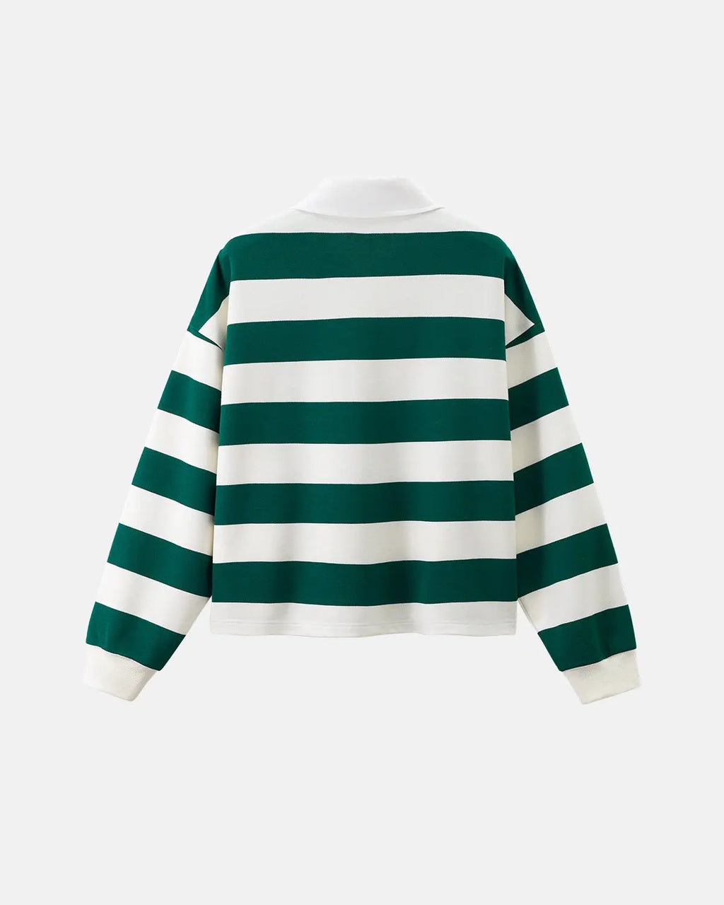 Green rugby polo shirt by Flation Streetwear, casual t-shirt with a classic collar and sporty design, displayed on a plain background.