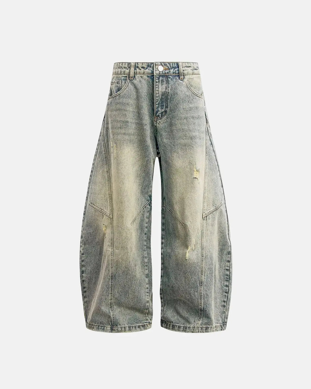 Distressed ripped baggy jeans by Flation Streetwear, showing relaxed fit and ripped details on denim pants.