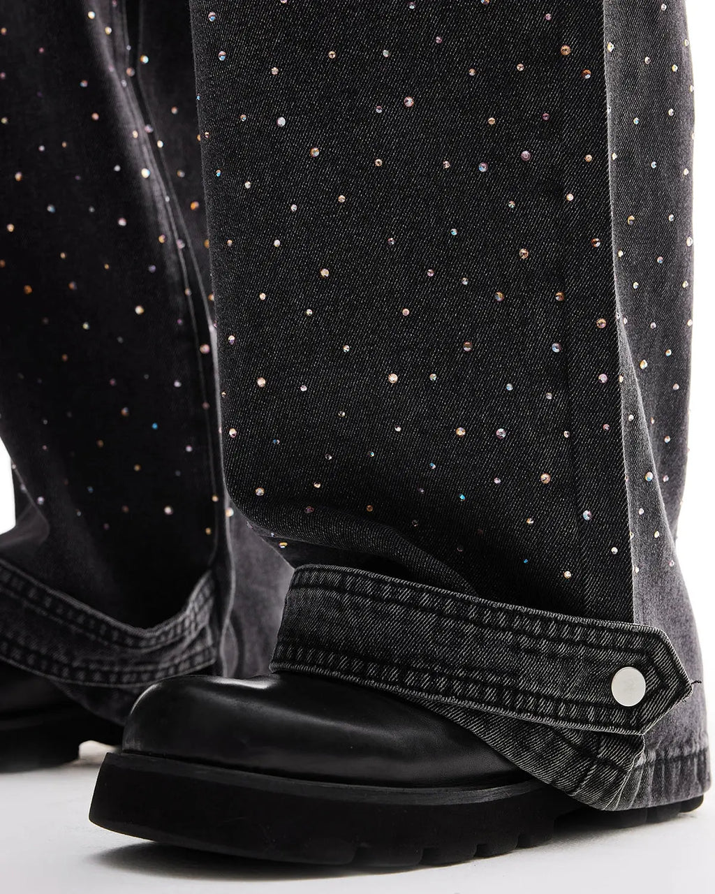 Colorful rhinestone wash baggy jeans by Flation Streetwear featuring vibrant stones and relaxed fit denim style.
