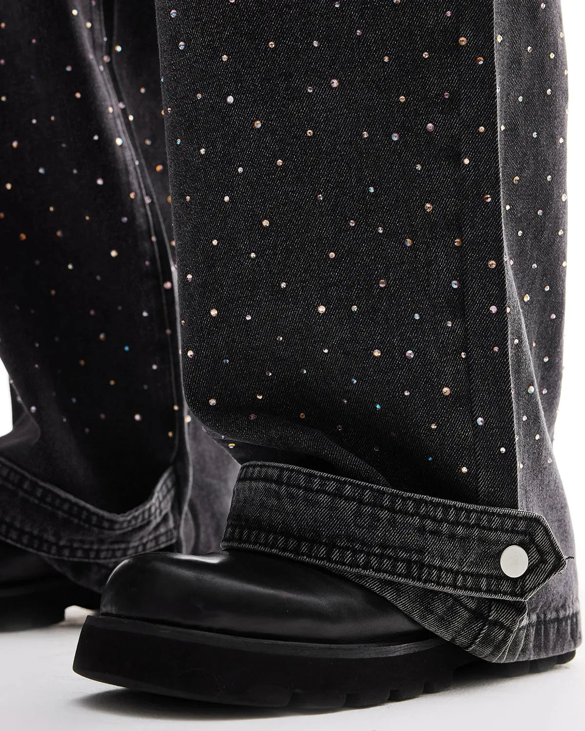 Colorful rhinestone wash baggy jeans by Flation Streetwear featuring vibrant stones and relaxed fit denim style.