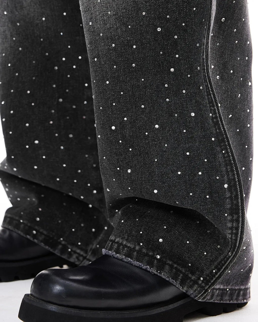 Rhinestone wavy baggy jeans by INFLATION featuring streetwear style with rhinestone embellishments and relaxed fit.