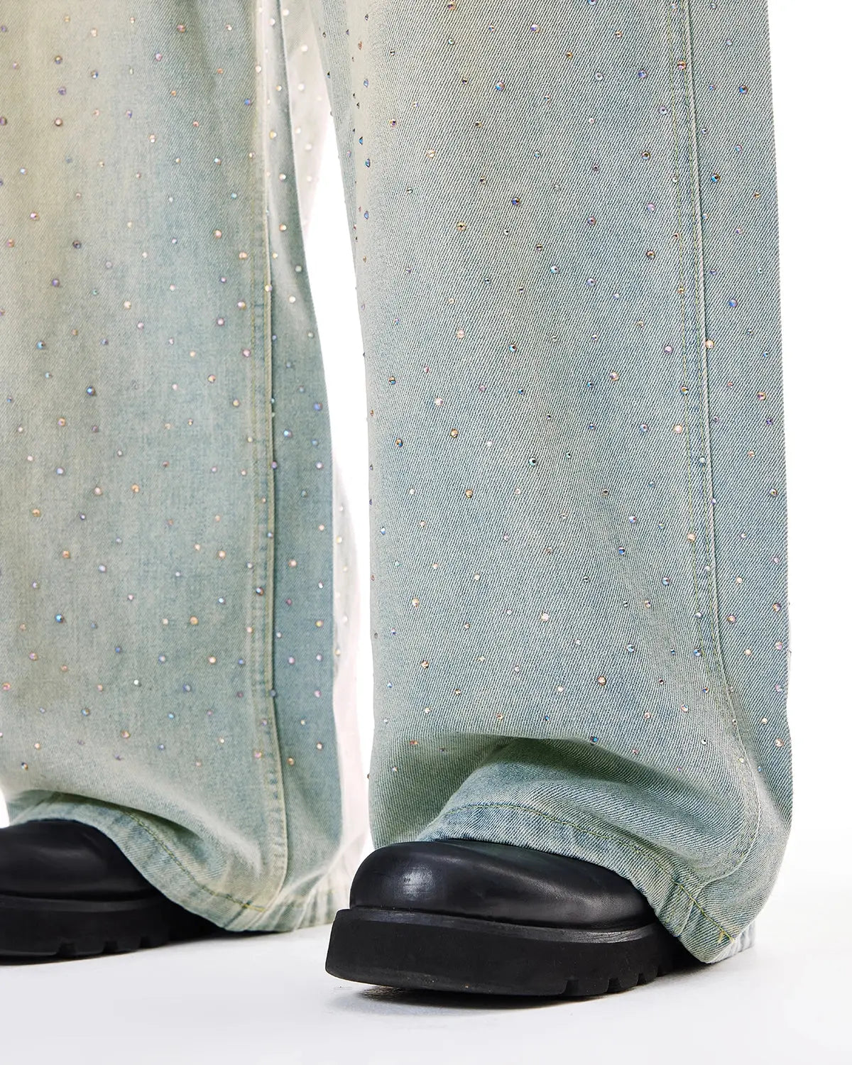 Washed rhinestone baggy jeans by Flation, streetwear pants with rhinestone accents, relaxed fit, casual style, front and back views.
