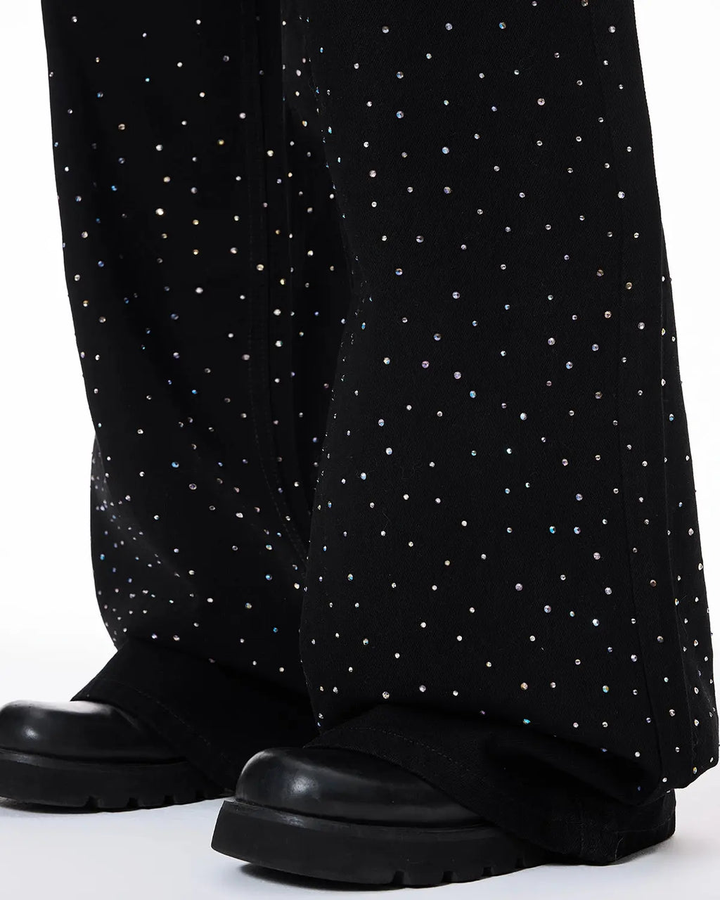 Flation Chill wide leg denim pants with rhinestone accents, streetwear style, showcasing the embellished denim design.