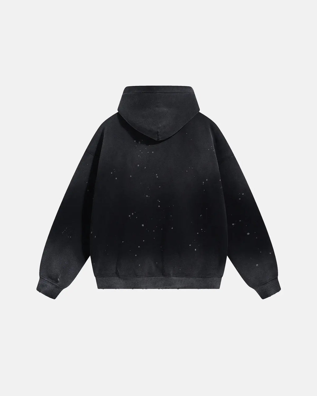Acid washed ripped fleece hoodie by Flation Streetwear featuring distressed details and a relaxed fit on a model.