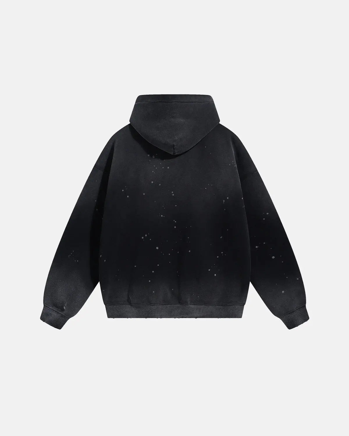 Acid washed ripped fleece hoodie by Flation Streetwear featuring distressed details and a relaxed fit on a model.