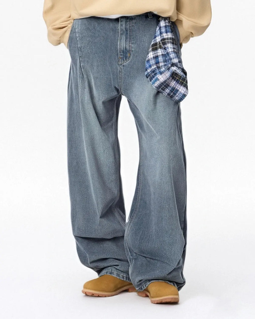 Flation acid wash baggy jeans with detachable bandana detail, relaxed streetwear fit, showcasing distressed denim and adjustable waistband.