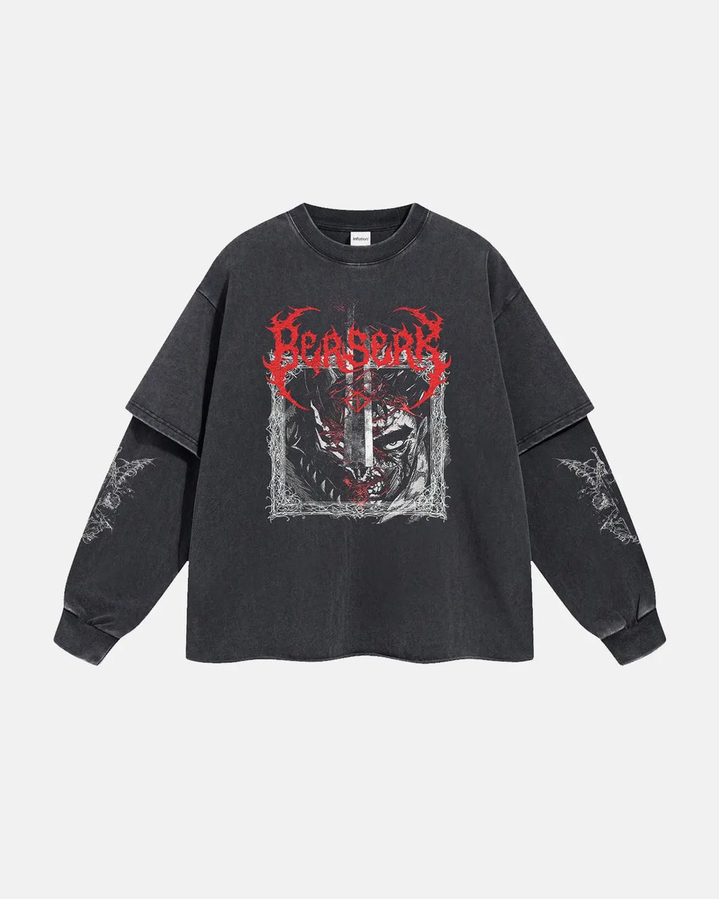 Flation graphic distressed acid wash layered T-shirt showing a faded, vintage-style design and layered fabric details.
