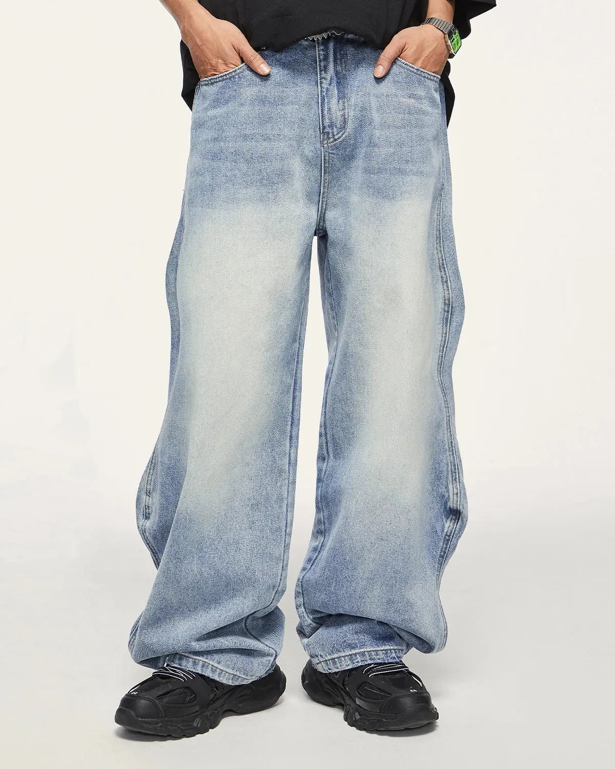 InflationUS washed baggy denim pants with relaxed fit, featuring distressed details and classic five-pocket design.