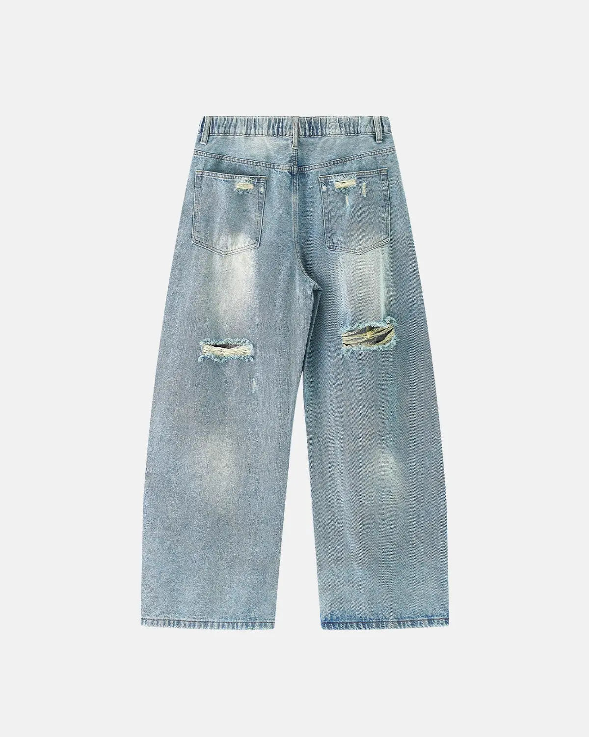 Vintage wash distressed baggy jeans by Inflation Streetwear featuring a relaxed fit, faded denim, and worn-in detailing.