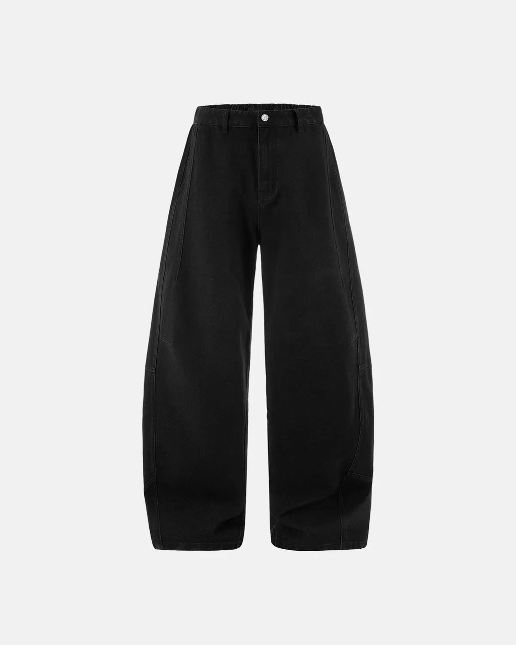 Acid washed black barrel jeans by Flation, featuring a relaxed fit and distressed denim style.