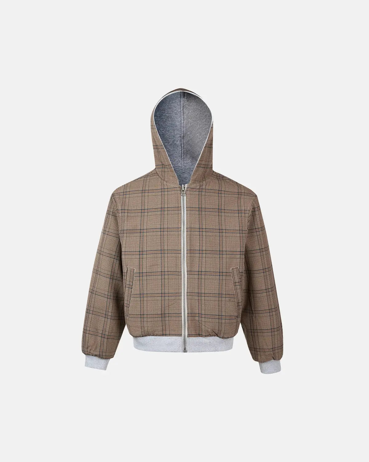 Yellow plaid reversible zip-up hoodie by INFLATION Streetwear, featuring a casual design and adjustable front zipper.