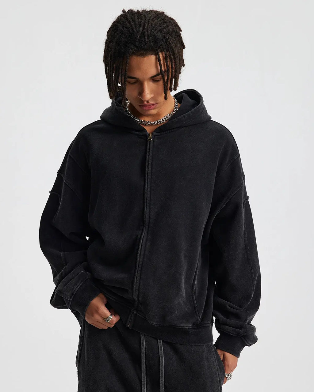 Acid wash stitching zip-up hoodie from Flation Streetwear featuring a relaxed fit and stylish distressed detailing.