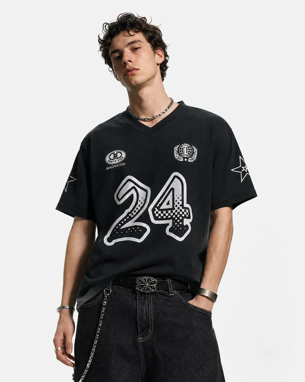 Gradient number graphic Flation streetwear jersey tee featuring bold colors and a sporty number design on a casual fit shirt.