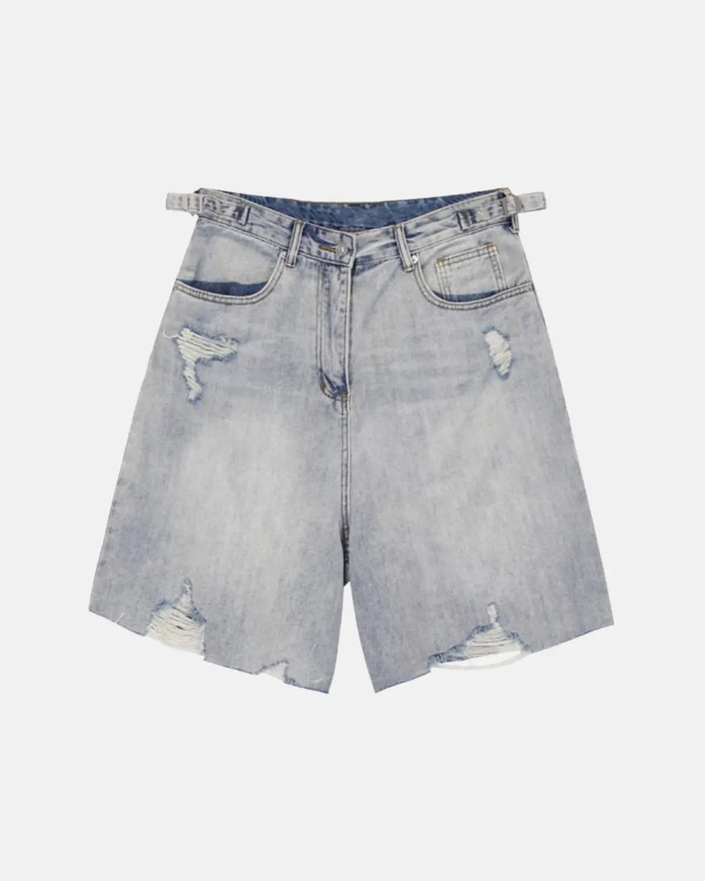Inflation brand adjustable waist baggy jorts, casual denim pants with relaxed fit and distressed details, suitable for streetwear fashion.