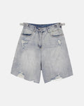 Inflation brand adjustable waist baggy jorts, casual denim pants with relaxed fit and distressed details, suitable for streetwear fashion.