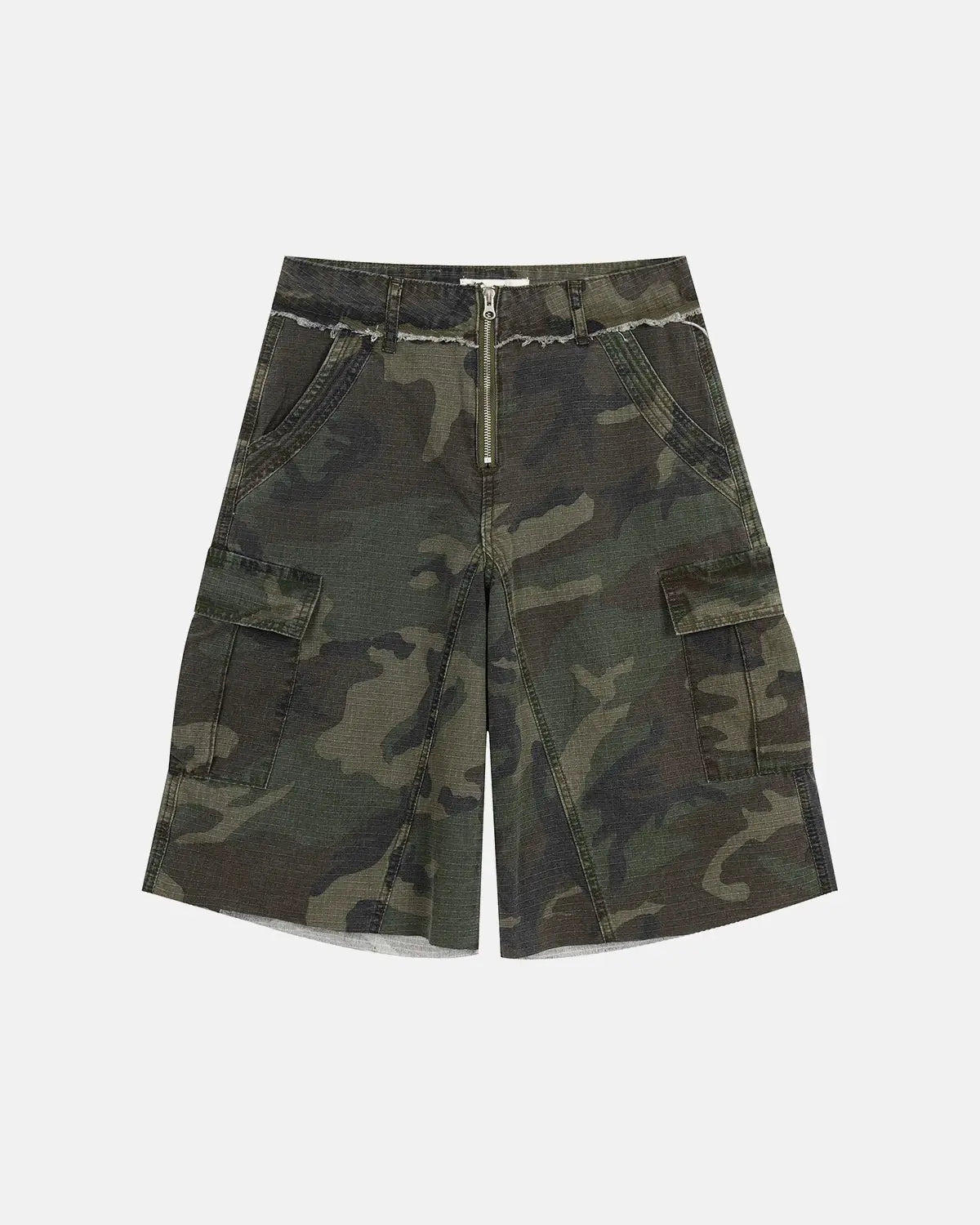 Camouflage utility longline shorts by INFLATION, featuring multiple pockets and a relaxed streetwear style.