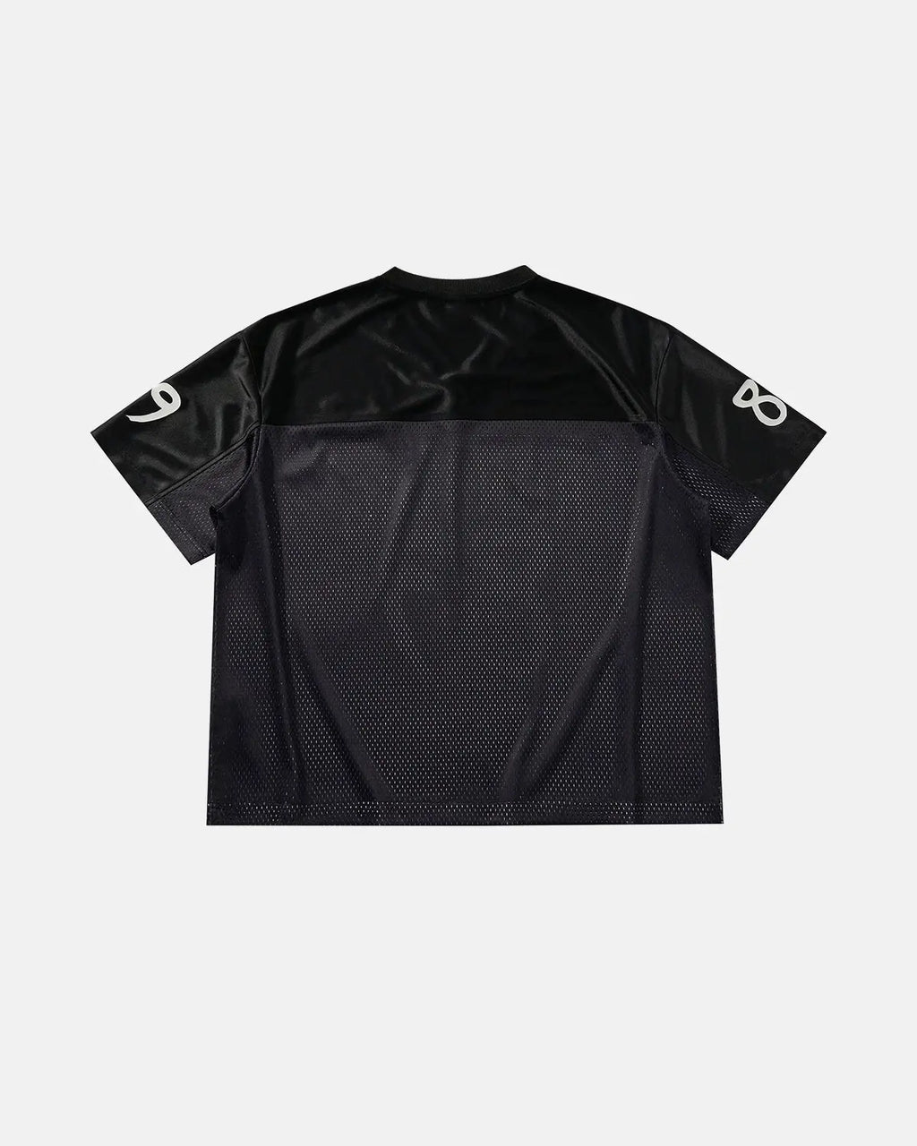 V-neck mesh patchwork jersey tee by INFLATION, featuring a stylish streetwear design with mesh panels and vibrant patchwork details.