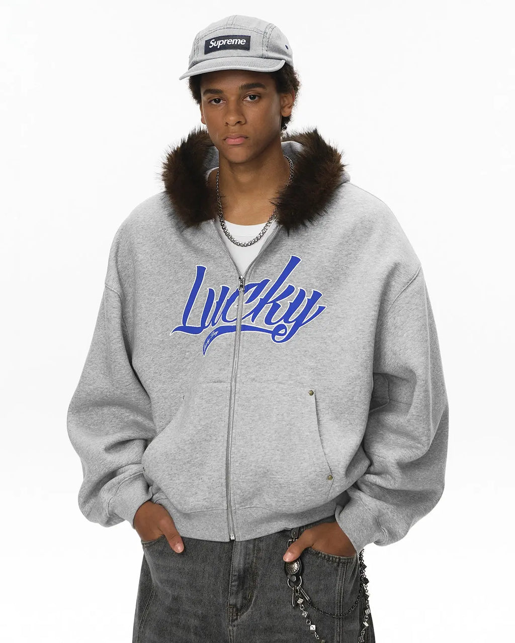 Inflation streetwear faux fur collar zip-up hoodie jacket with a cozy fur-lined collar and casual fit, ideal for stylish winter wear.
