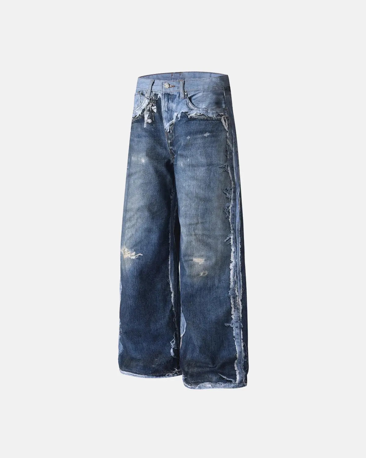 Digital print distressed baggy jeans by INFLATION Streetwear, featuring a relaxed fit with faded and ripped details.